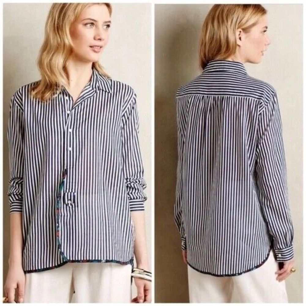 Holding Horses Anthropologie Top Large White & Blue Striped Flip Cuff Cotton
